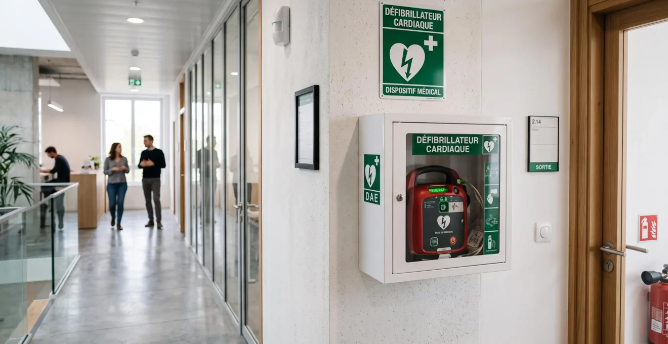 Défibrillateur automatisé externe installé dans son boîtier mural transparent dans un couloir d'entreprise moderne, avec signalétique d'urgence verte et blanche