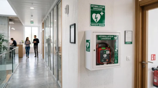 Défibrillateur automatisé externe installé dans son boîtier mural transparent dans un couloir d'entreprise moderne, avec signalétique d'urgence verte et blanche