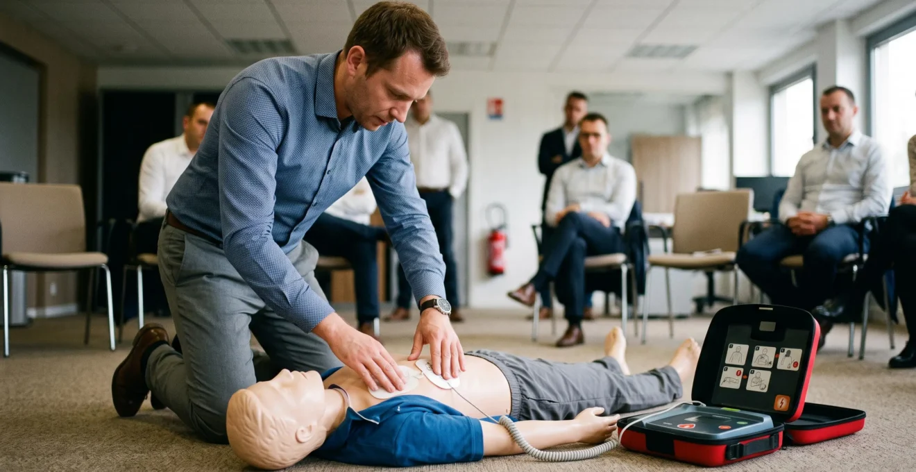 Employé en formation appliquant les électrodes d'un défibrillateur sur un mannequin de secourisme au sol, le dispositif DAE ouvert à proximité